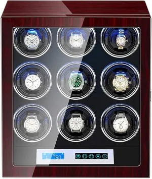 Watch Winder Box for 9 Automatic Watches Touch Display Screen Built-in Led Light Piano Paint Exterior Quiet Motor Accessories,