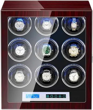 Watch Winder Box for 9 Automatic Watches Touch Display Screen Built-in LED Light Piano Paint Exterior Quiet Motor Watch Winder Watch Box Case Watch Storage