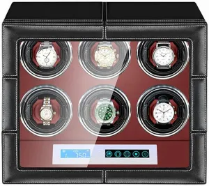 Watch Winder for 6 Automatic Watches LCD Touch Screen LED Backlight Retractable Watch Pillow Black Leather Exterior Watch Winder for Automatic Watches