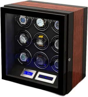 Watch Winder for 9 Automatic Watches with 9 Watch Storages Wood Shell Piano Finish Silent Motor Watch Turner