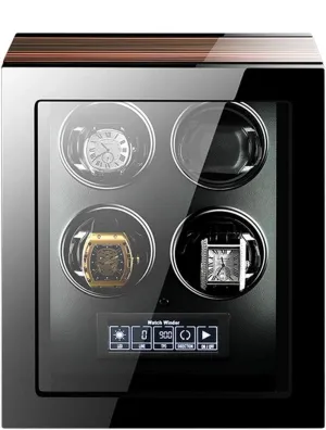 Watch Winder for Automatic Watches LCD Display Touch Screen Display with Remote Control Wood Shell Piano Finish Quiet Motor