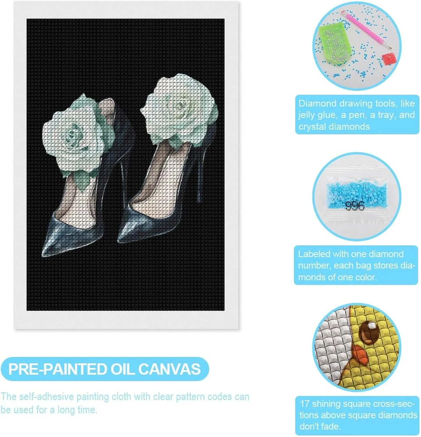 Watercolor Black High Heels Roses Funny Square Diamond Art Painting Kits for Adults 5D DIY Full Drill Rhinestone Pictures Wall Arts 8"x12"
