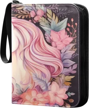 Watercolor Horse Card Binder 4 Pocket Collectible Trading Card Albums with 50 Sleeves Double Side PU Waterproof 3 Ring for Sports & Game Cards