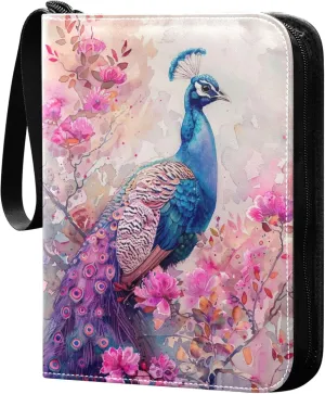 Watercolor Peacock Card Binder 4 Pocket Collectible Trading Card Albums with 50 Sleeves Double Side PU Waterproof 3 Ring for Sports & Game Cards