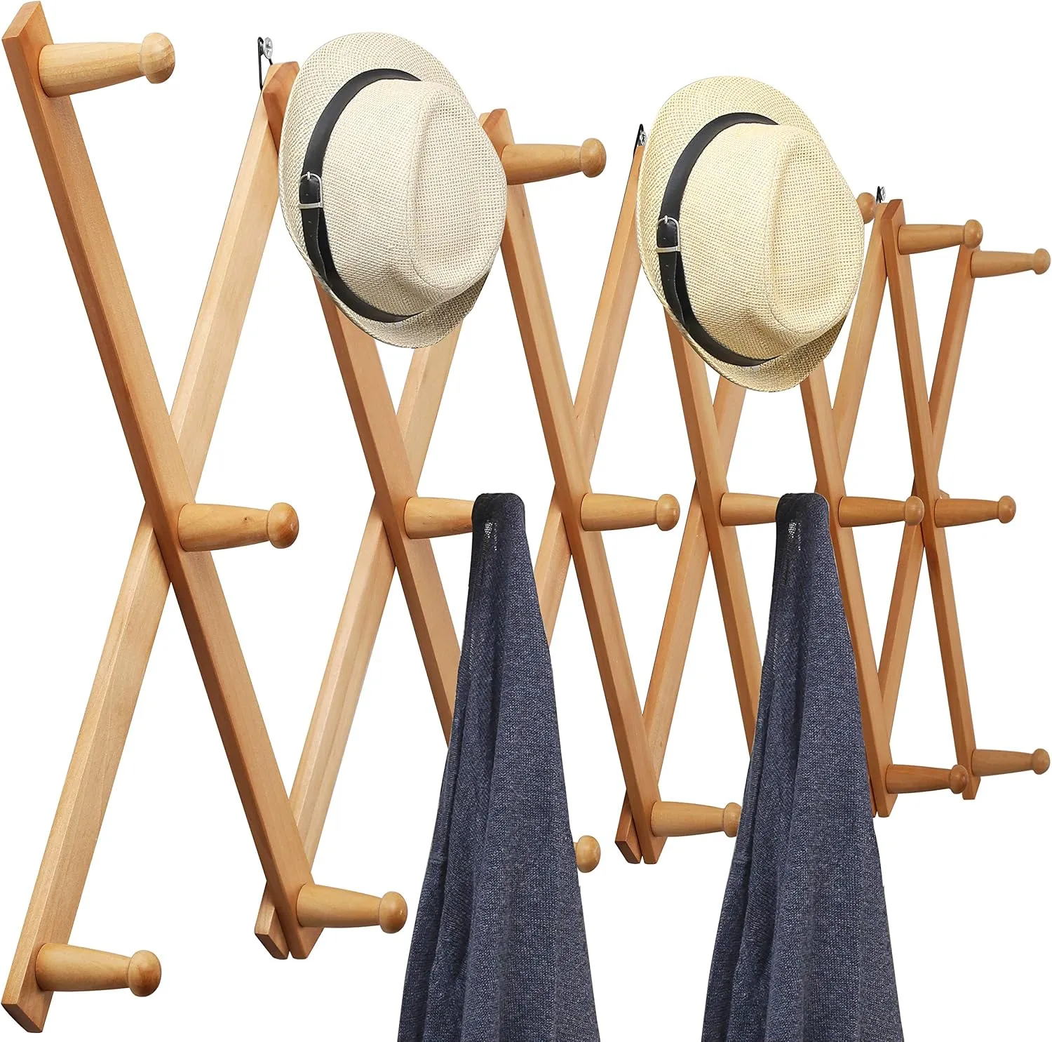 WEBI Accordion Wall Hanger,Expandable Wooden Coat Rack Wall Mounted,Accordion Hat Rack for Wall,Accordion Hook Rack for Hats,Caps,20 Peg Hooks,Natural