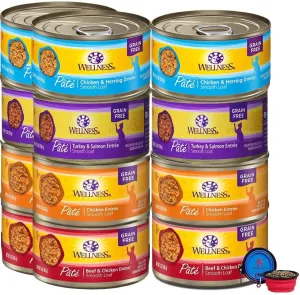 Wellness Natural Premium Canned Cat Wet Food Pate - 12 Pack Cans Variety Bundle Pack 4 Flavor - (Chicken,Beef, Salmon & Turkey) W/ HS Pet Food Bowl - (3 Ounce)