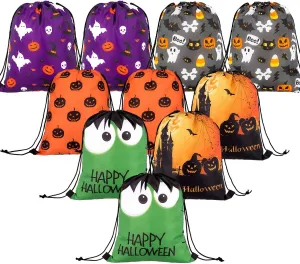 Whaline Large Halloween Drawstring Backpack Bag 16.3 x 13.2Inch Huge Trick or Treat Sack Gift Backpack Candy Goodie Bags for Halloween Party Favors, 10Pcs