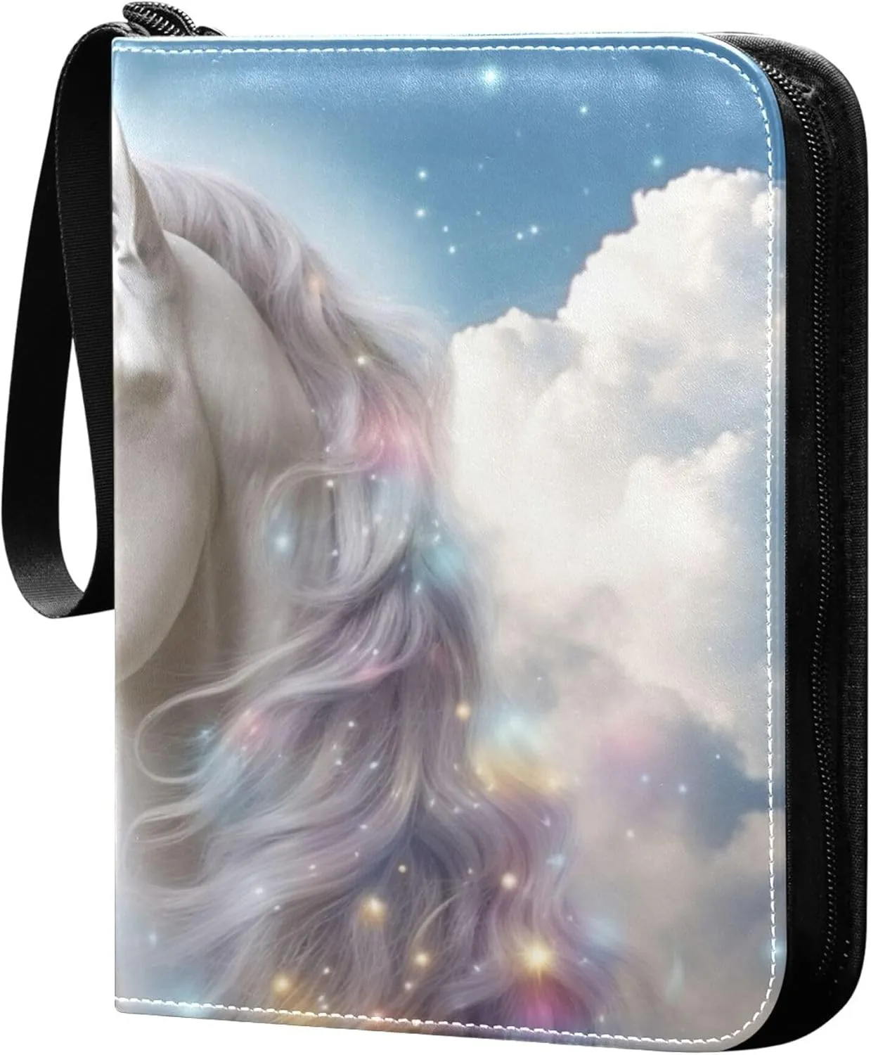 White Horse and Clouds Card Binder 4 Pocket Collectible Trading Card Albums with 50 Sleeves Double Side PU Waterproof 3 Ring for Sports & Game Cards