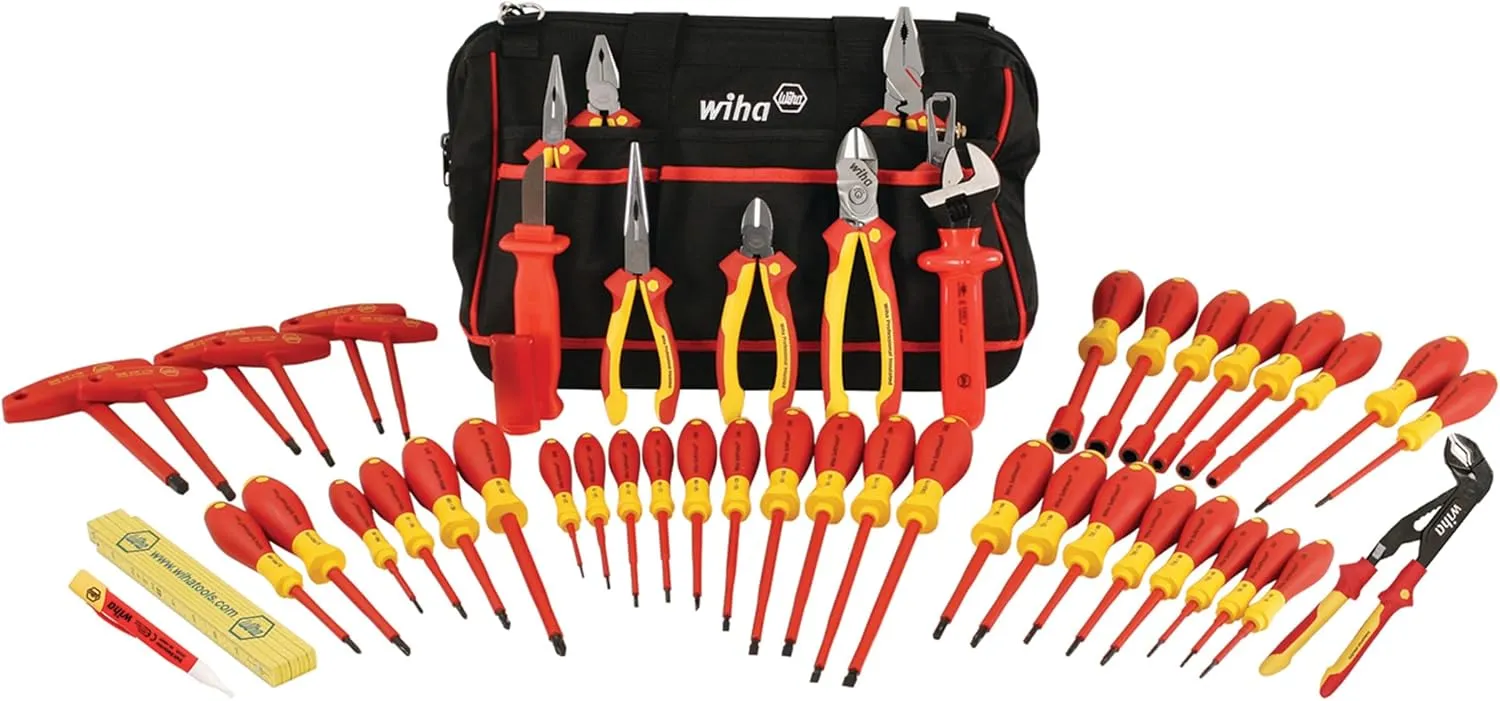 Wiha 32874 Insulated Tool Set with Pliers, Cutters, Nut Drivers, Screwdrivers, T Handles, Knife, Ruler and Voltage detector, 50 Piece Set in Canvas Tool Bag