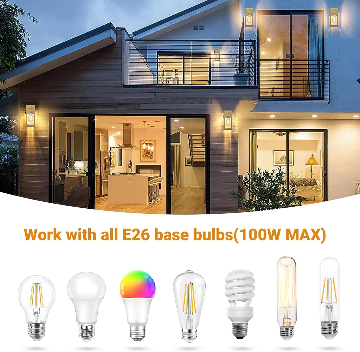 WIHTU Outdoor Light Fixtures, Porch Sconces Wall Mounted Lighting, Outdoor Wall Sconce with Outlet, Porch Lights with E26 Sockets, Exterior Waterproof, Wall Lamps for Patio Front Door（Gold）