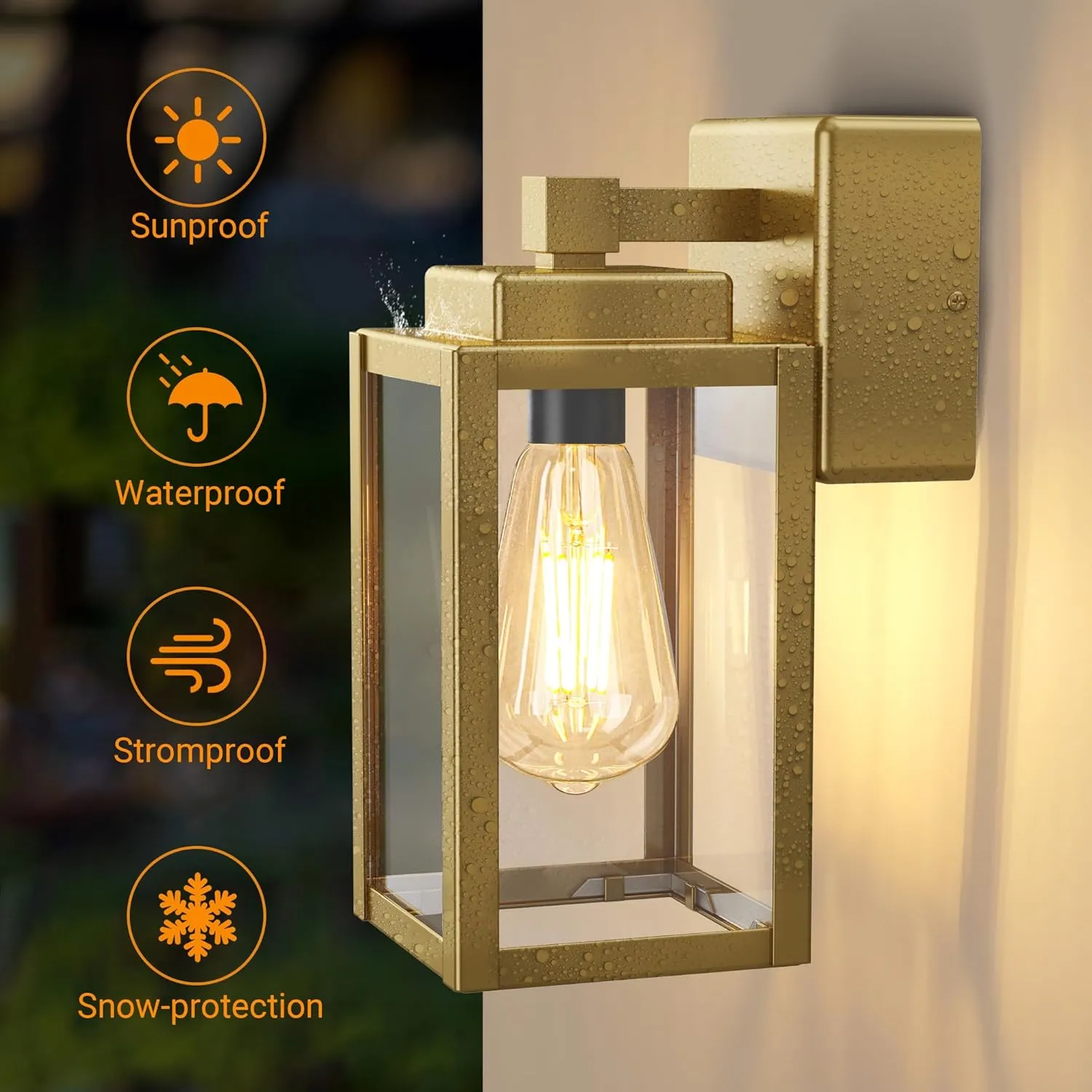 WIHTU Outdoor Light Fixtures, Porch Sconces Wall Mounted Lighting, Outdoor Wall Sconce with Outlet, Porch Lights with E26 Sockets, Exterior Waterproof, Wall Lamps for Patio Front Door（Gold）