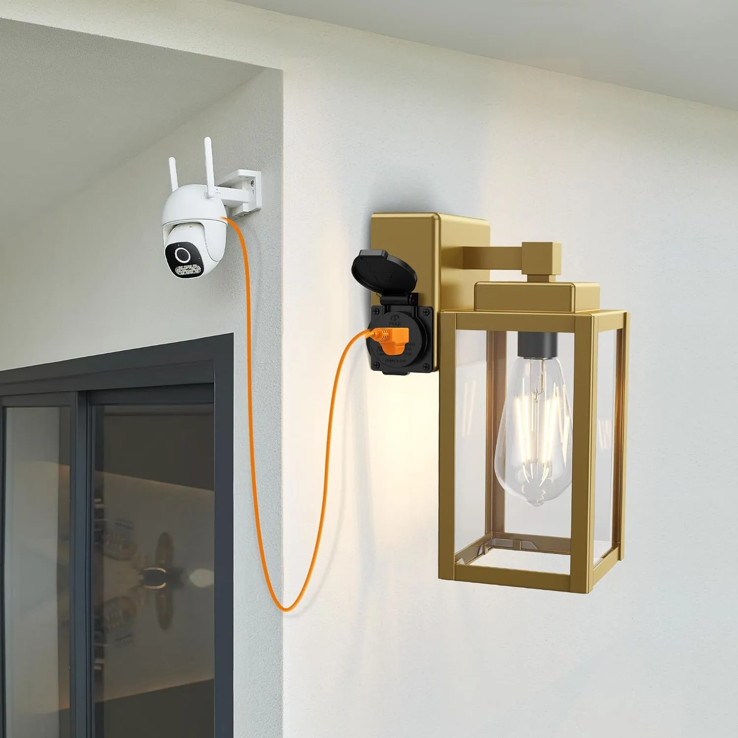 WIHTU Outdoor Light Fixtures, Porch Sconces Wall Mounted Lighting, Outdoor Wall Sconce with Outlet, Porch Lights with E26 Sockets, Exterior Waterproof, Wall Lamps for Patio Front Door（Gold）