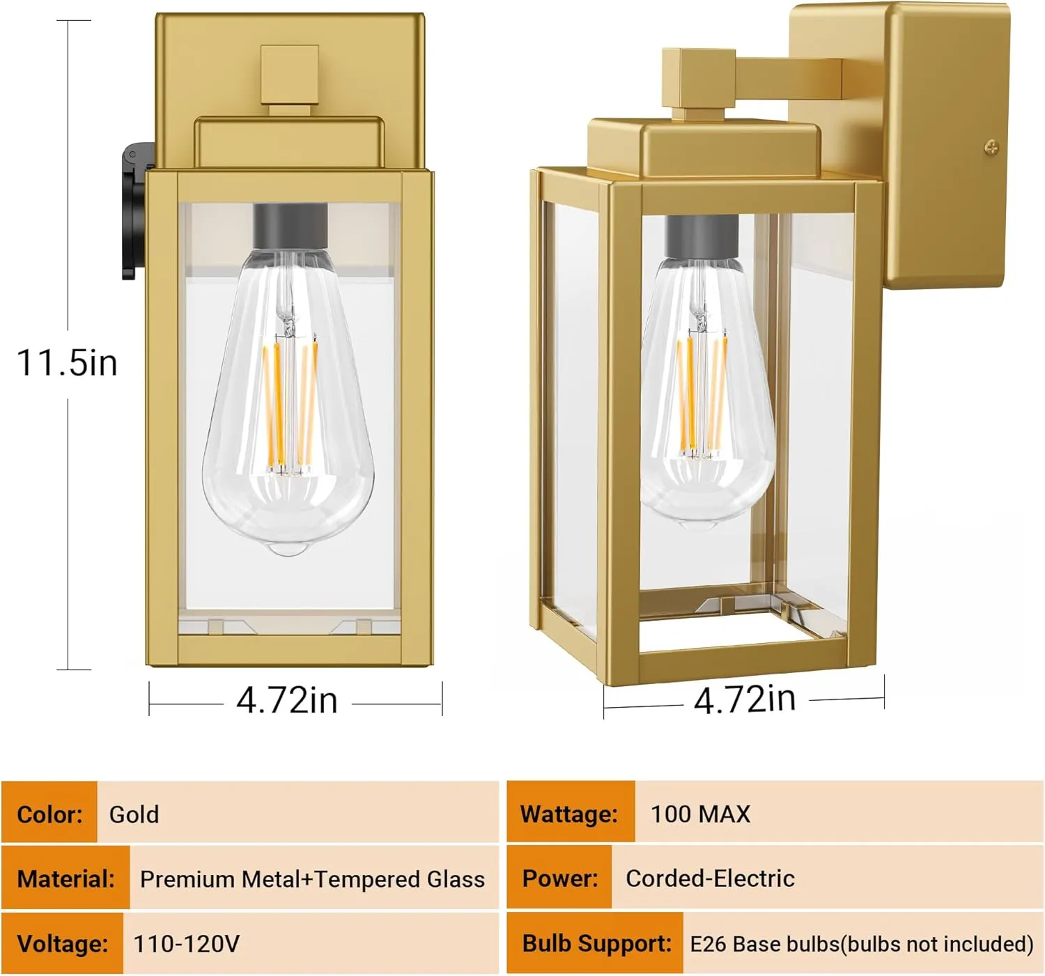 WIHTU Outdoor Light Fixtures, Porch Sconces Wall Mounted Lighting, Outdoor Wall Sconce with Outlet, Porch Lights with E26 Sockets, Exterior Waterproof, Wall Lamps for Patio Front Door（Gold）