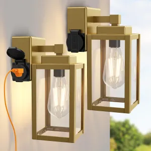 WIHTU Outdoor Light Fixtures, Porch Sconces Wall Mounted Lighting, Outdoor Wall Sconce with Outlet, Porch Lights with E26 Sockets, Exterior Waterproof, Wall Lamps for Patio Front Door（Gold）