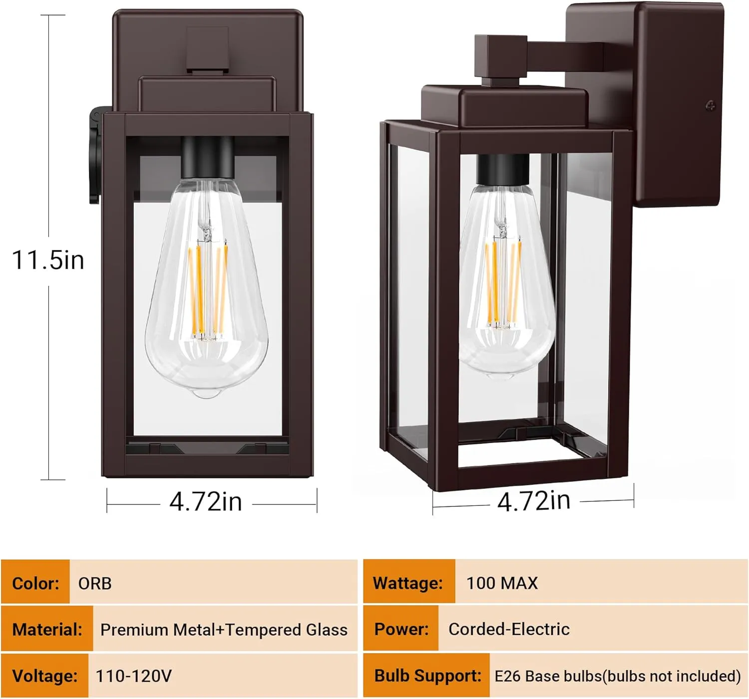 WIHTU Outdoor Light Fixtures, Porch Sconces Wall Mounted Lighting, Outdoor Wall Sconce with Outlet, Porch Lights with E26 Sockets, Exterior Waterproof, Wall Lamps for Patio Front Door（ORB）