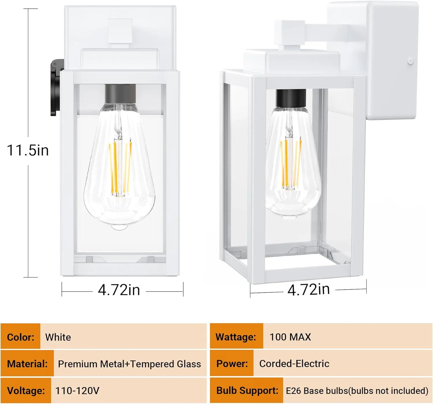 WIHTU Outdoor Light Fixtures, Porch Sconces Wall Mounted Lighting, Outdoor Wall Sconce with Outlet, Porch Lights with E26 Sockets, Exterior Waterproof, Wall Lamps for Patio Front Door（White）