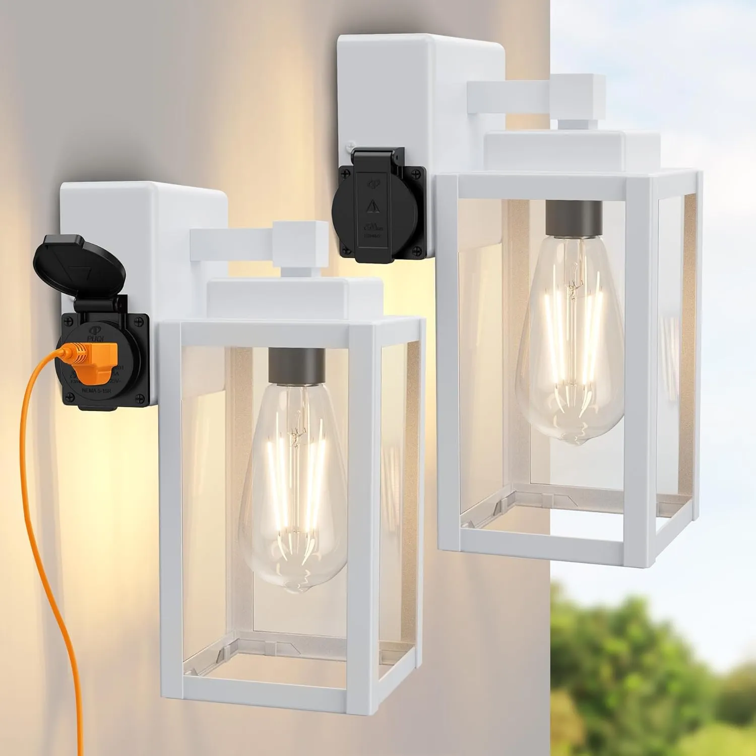 WIHTU Outdoor Light Fixtures, Porch Sconces Wall Mounted Lighting, Outdoor Wall Sconce with Outlet, Porch Lights with E26 Sockets, Exterior Waterproof, Wall Lamps for Patio Front Door（White）