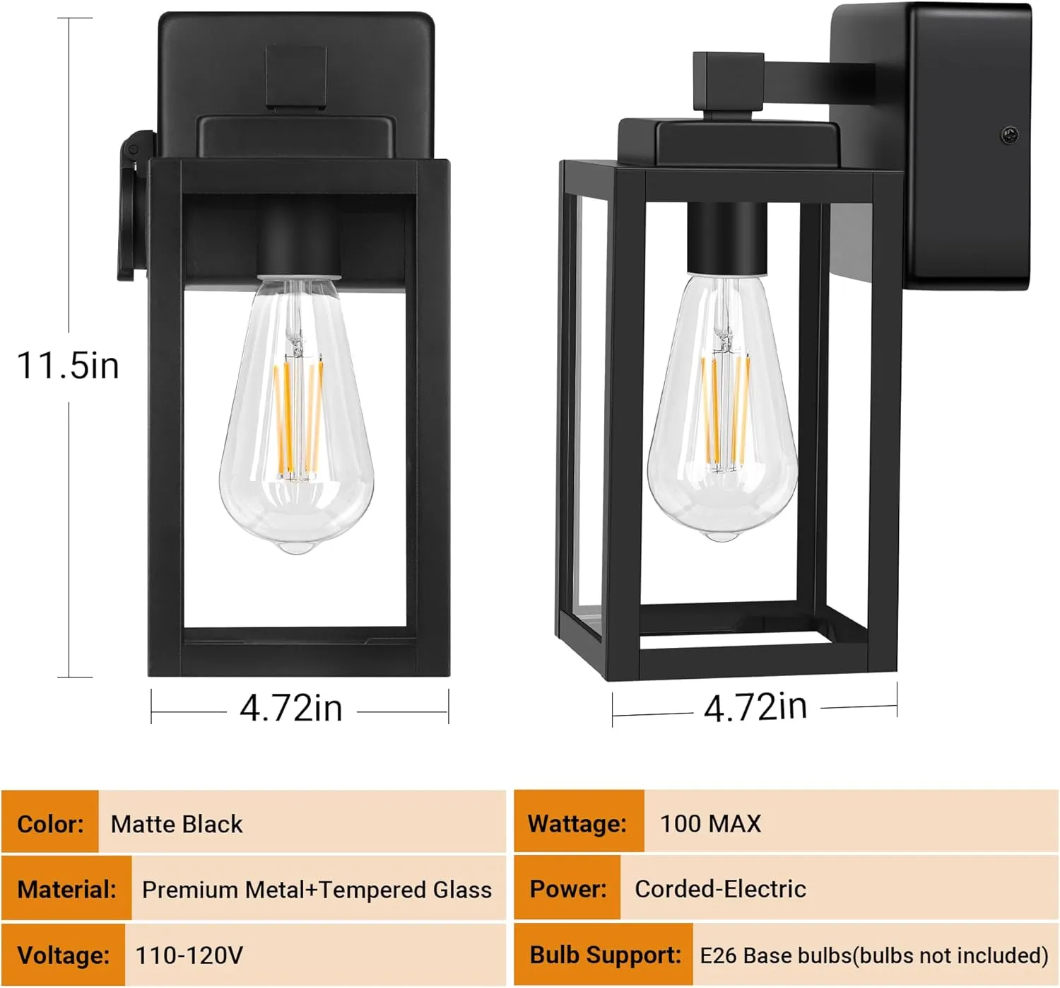 WIHTU Outdoor Wall Light Fixtures, Outdoor Wall Sconce with Outlet,2-Pack, Porch Sconces Mounted Lighting, Porch Lights with E26 Sockets, Exterior Waterproof, Wall Lamps for Patio Front Door