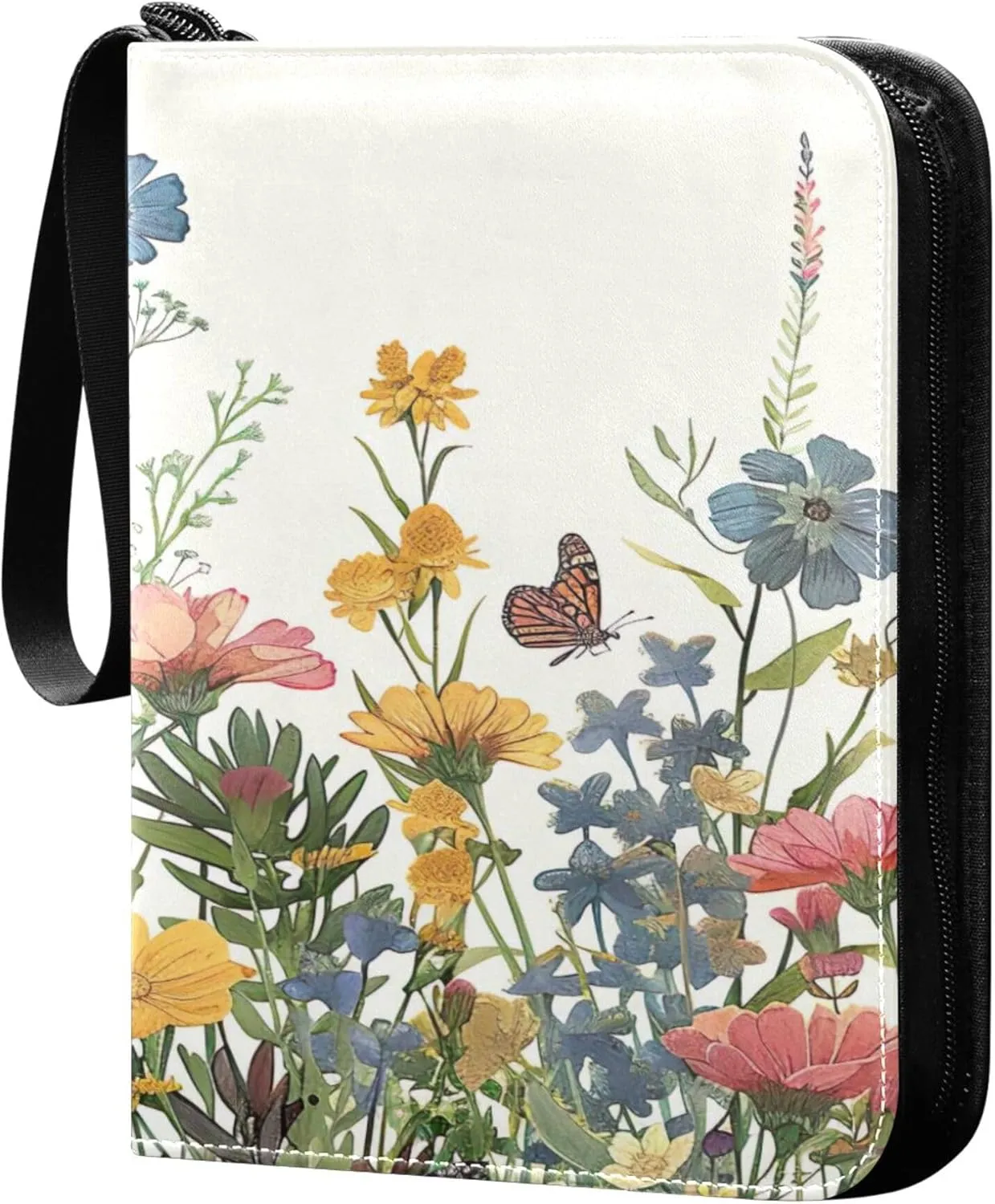 Wildflowers Butterfly Card Binder 4 Pocket Collectible Trading Card Albums with 50 Sleeves Double Side PU Waterproof 3 Ring for Sports & Game Cards