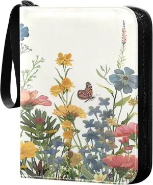Wildflowers Butterfly Card Binder 4 Pocket Collectible Trading Card Albums with 50 Sleeves Double Side PU Waterproof 3 Ring for Sports & Game Cards