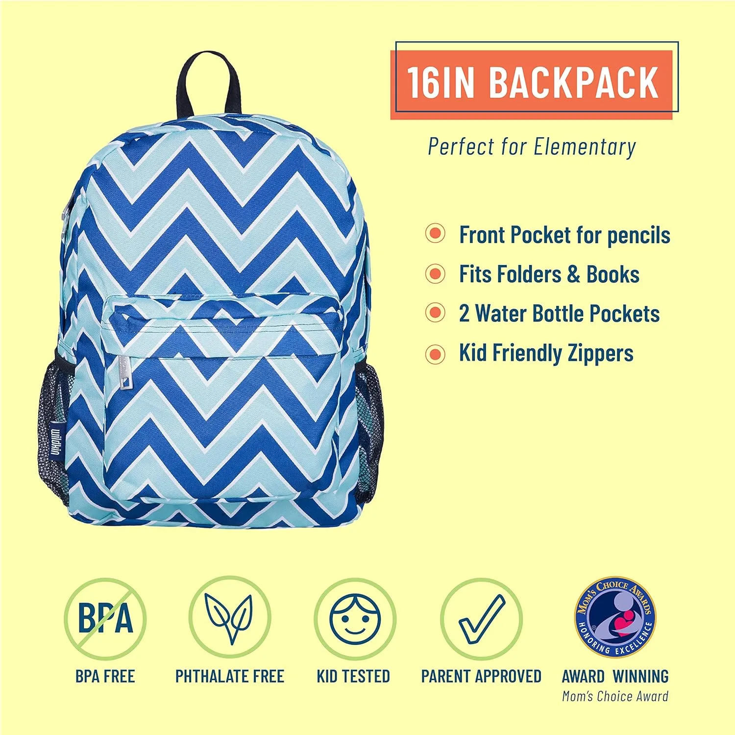 Wildkin 16-inch Kids Backpack – Durable, Padded & Spacious School Bag for Boys & Girls (Chevron Blue)