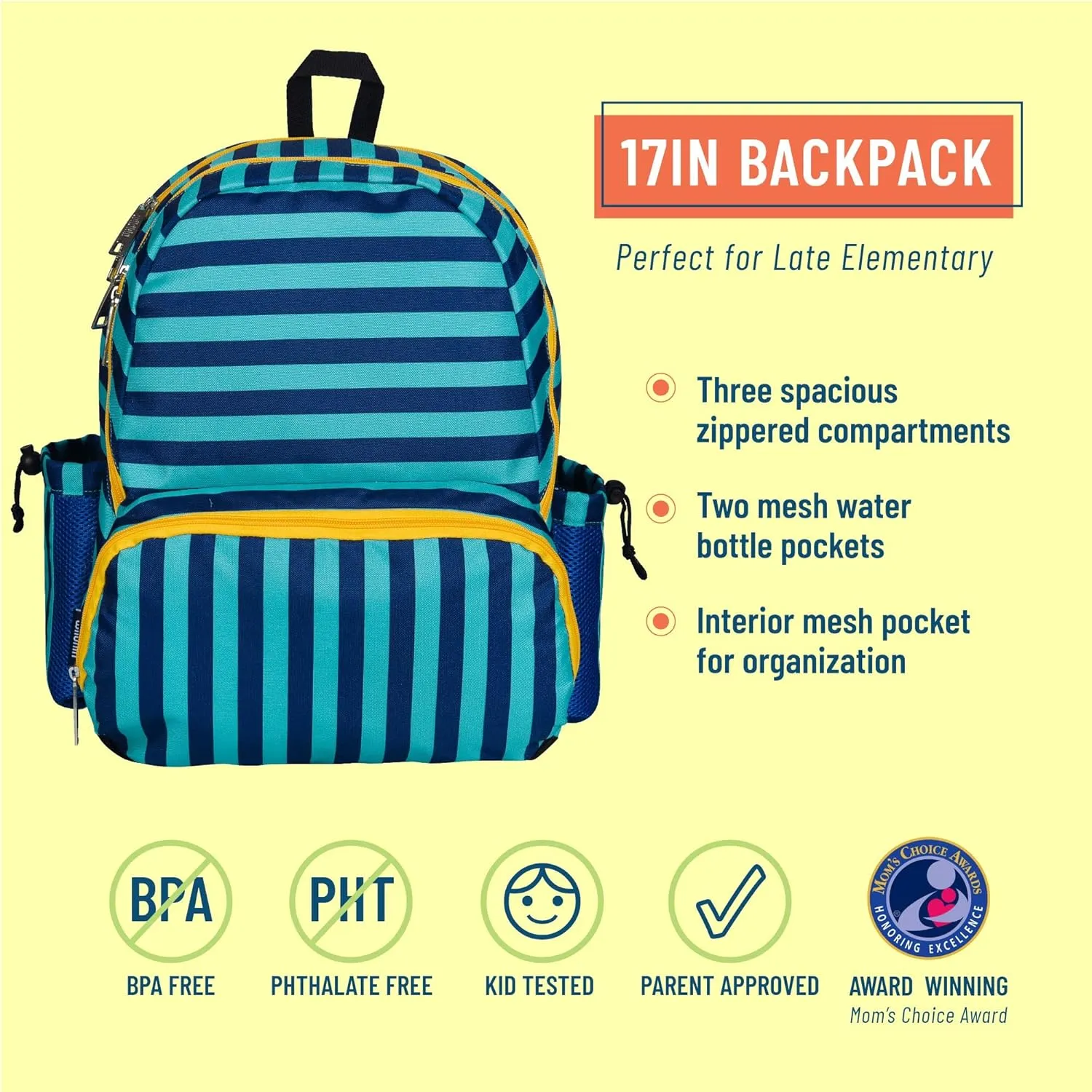 Wildkin 17-inch Kids Backpack – Durable, Lightweight School Bag for Boys & Girls - Blue Stripes