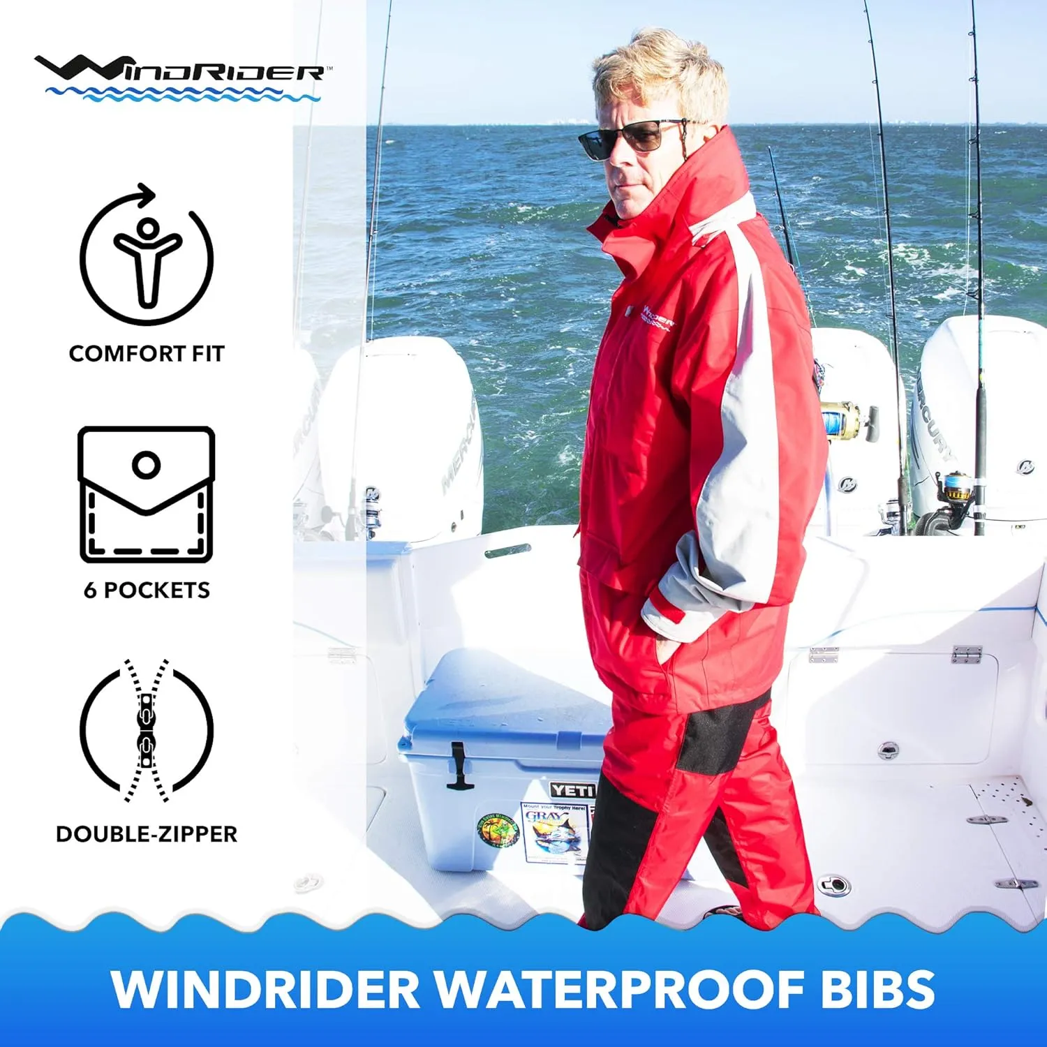 WindRider Pro Waterproof Bibs | Fishing & Sailing Bibs | Hunting & Skiing Bibs | Breathable Rain Bib | Snow Gear | 6 Pocket