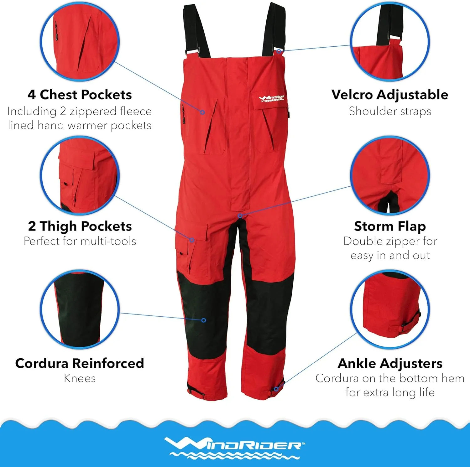 WindRider Pro Waterproof Bibs | Fishing & Sailing Bibs | Hunting & Skiing Bibs | Breathable Rain Bib | Snow Gear | 6 Pocket
