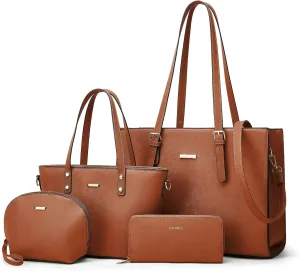 Women Fashion Synthetic Leather Handbags Tote Bag Shoulder Bag Top Handle Satchel Purse Set 4pcs