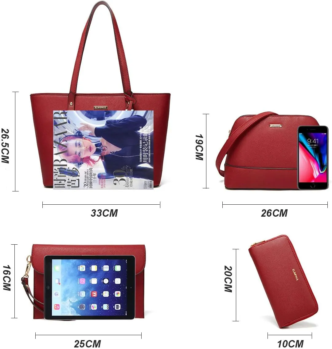 Women Fashion Synthetic Leather Handbags Tote Bag Shoulder Bag Top Handle Satchel Purse Set 4pcs