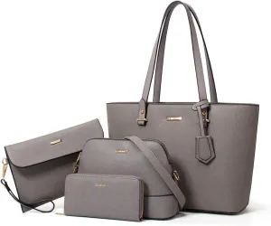 Women Fashion Synthetic Leather Handbags Tote Bag Shoulder Bag Top Handle Satchel Purse Set 4pcs