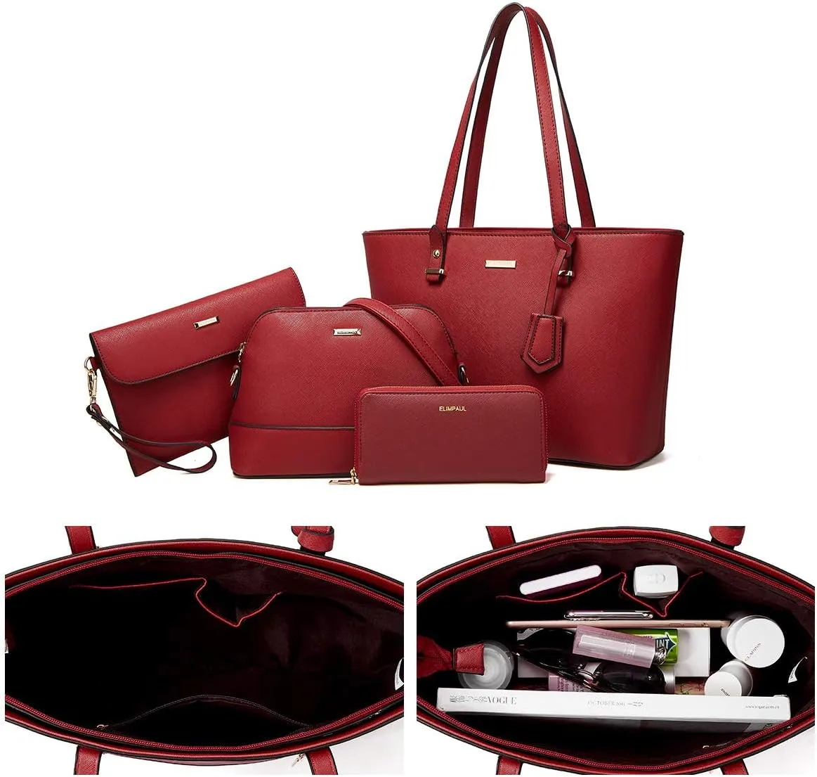 Women Fashion Synthetic Leather Handbags Tote Bag Shoulder Bag Top Handle Satchel Purse Set 4pcs