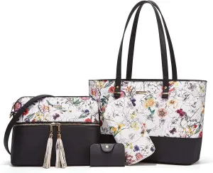 Women Fashion Synthetic Leather Handbags Tote Bag Shoulder Bag Top Handle Satchel Purse Set 4pcs