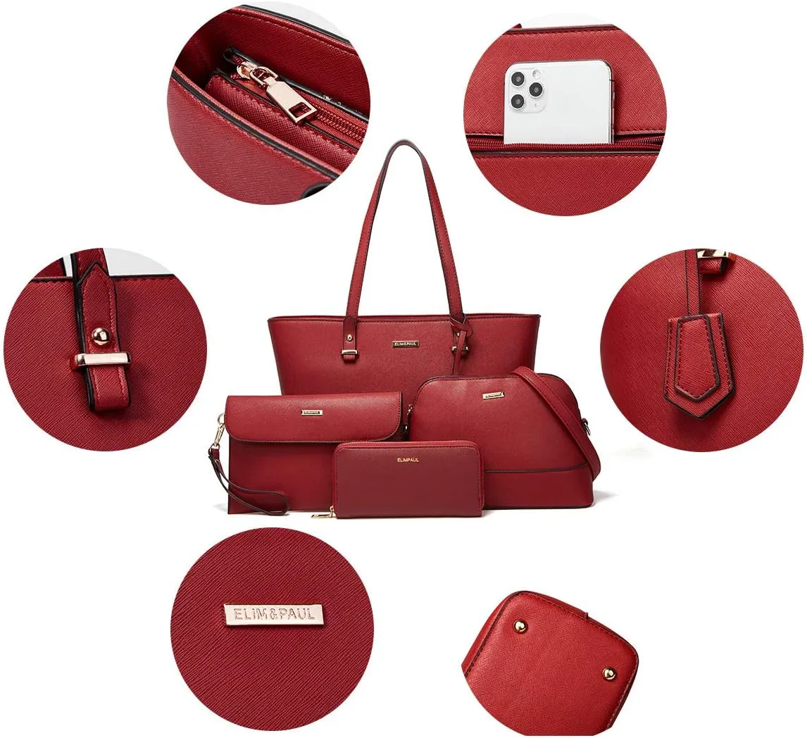 Women Fashion Synthetic Leather Handbags Tote Bag Shoulder Bag Top Handle Satchel Purse Set 4pcs