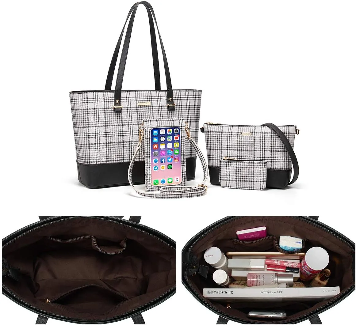 Women Fashion Synthetic Leather Handbags Tote Bag Shoulder Bag Top Handle Satchel Purse Set 4pcs