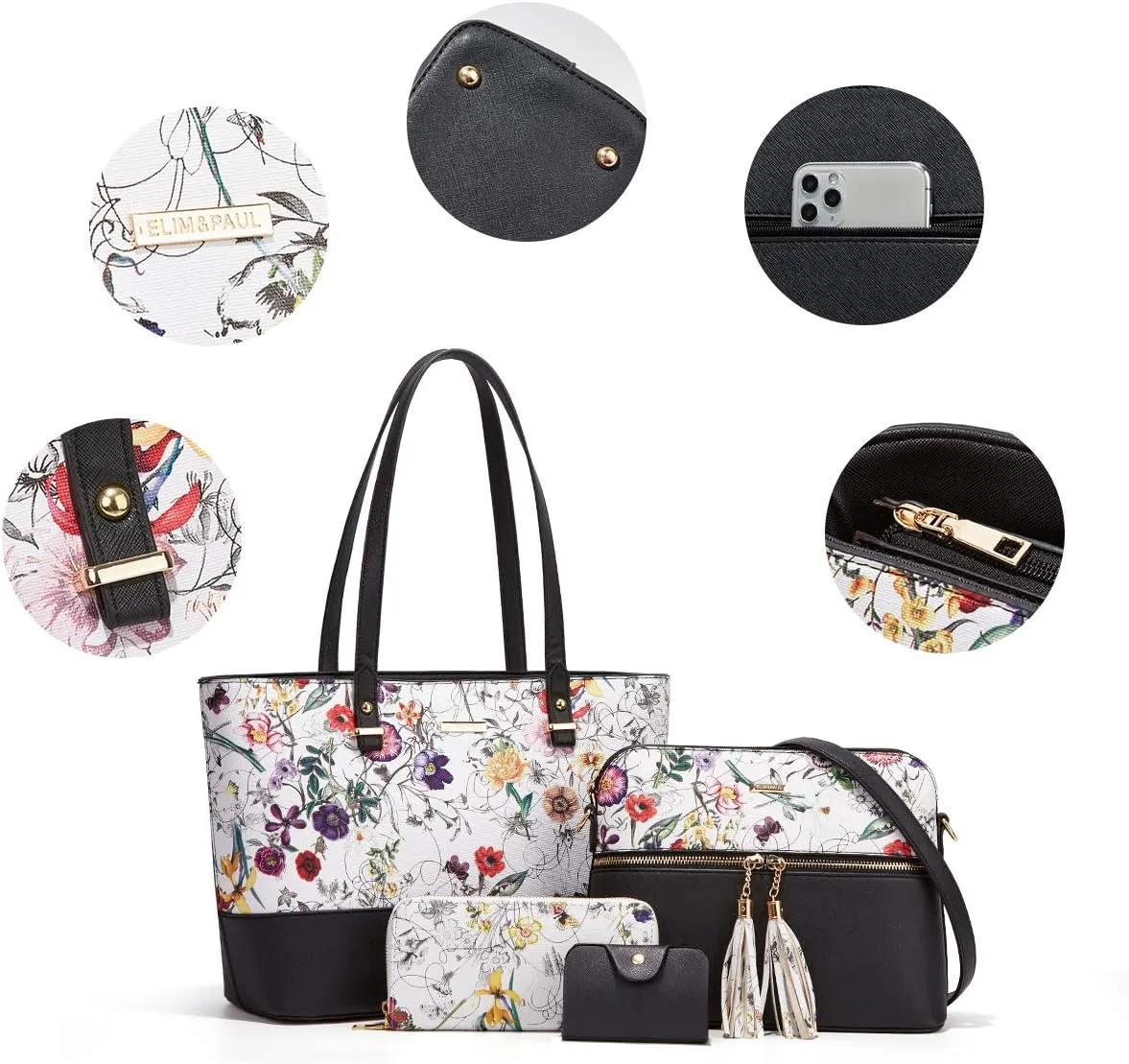Women Fashion Synthetic Leather Handbags Tote Bag Shoulder Bag Top Handle Satchel Purse Set 4pcs