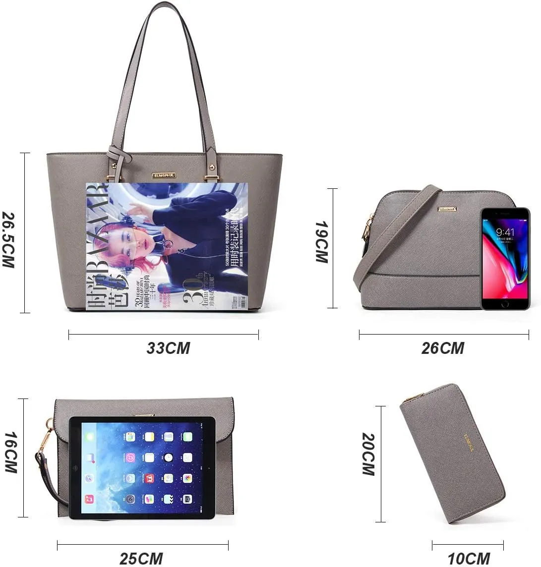 Women Fashion Synthetic Leather Handbags Tote Bag Shoulder Bag Top Handle Satchel Purse Set 4pcs