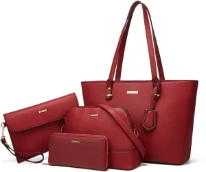 Women Fashion Synthetic Leather Handbags Tote Bag Shoulder Bag Top Handle Satchel Purse Set 4pcs