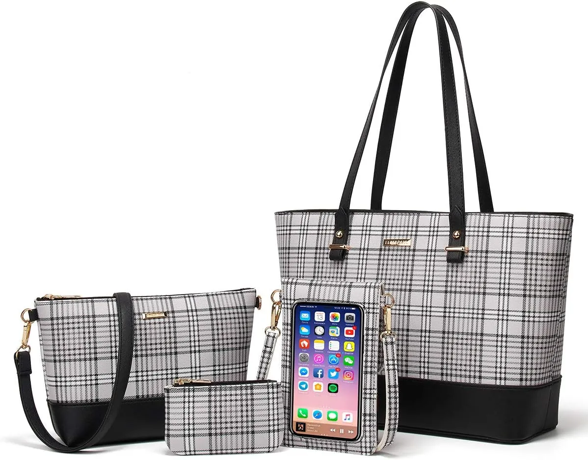 Women Fashion Synthetic Leather Handbags Tote Bag Shoulder Bag Top Handle Satchel Purse Set 4pcs