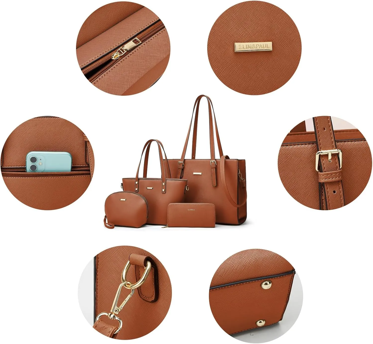 Women Fashion Synthetic Leather Handbags Tote Bag Shoulder Bag Top Handle Satchel Purse Set 4pcs
