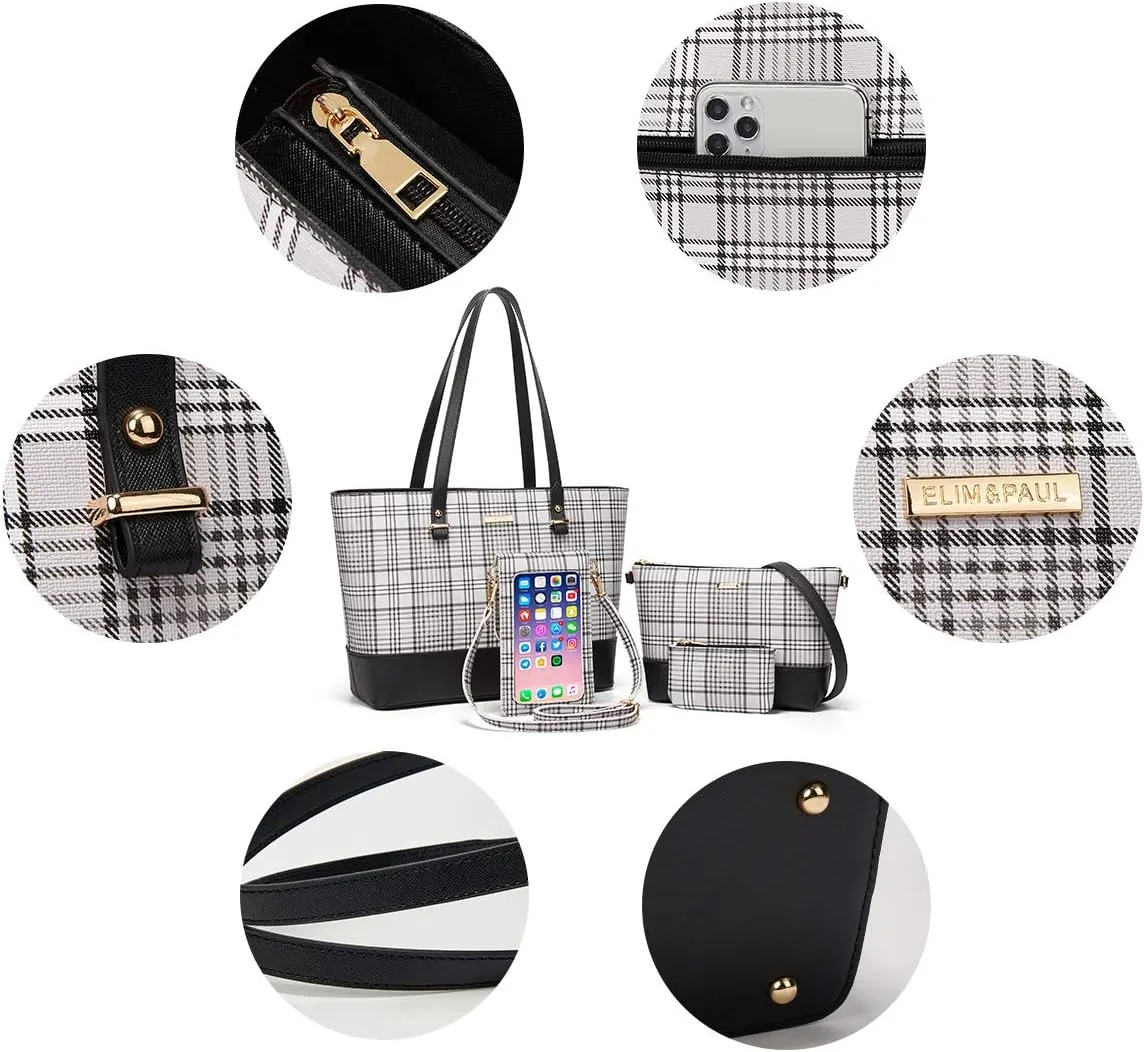 Women Fashion Synthetic Leather Handbags Tote Bag Shoulder Bag Top Handle Satchel Purse Set 4pcs