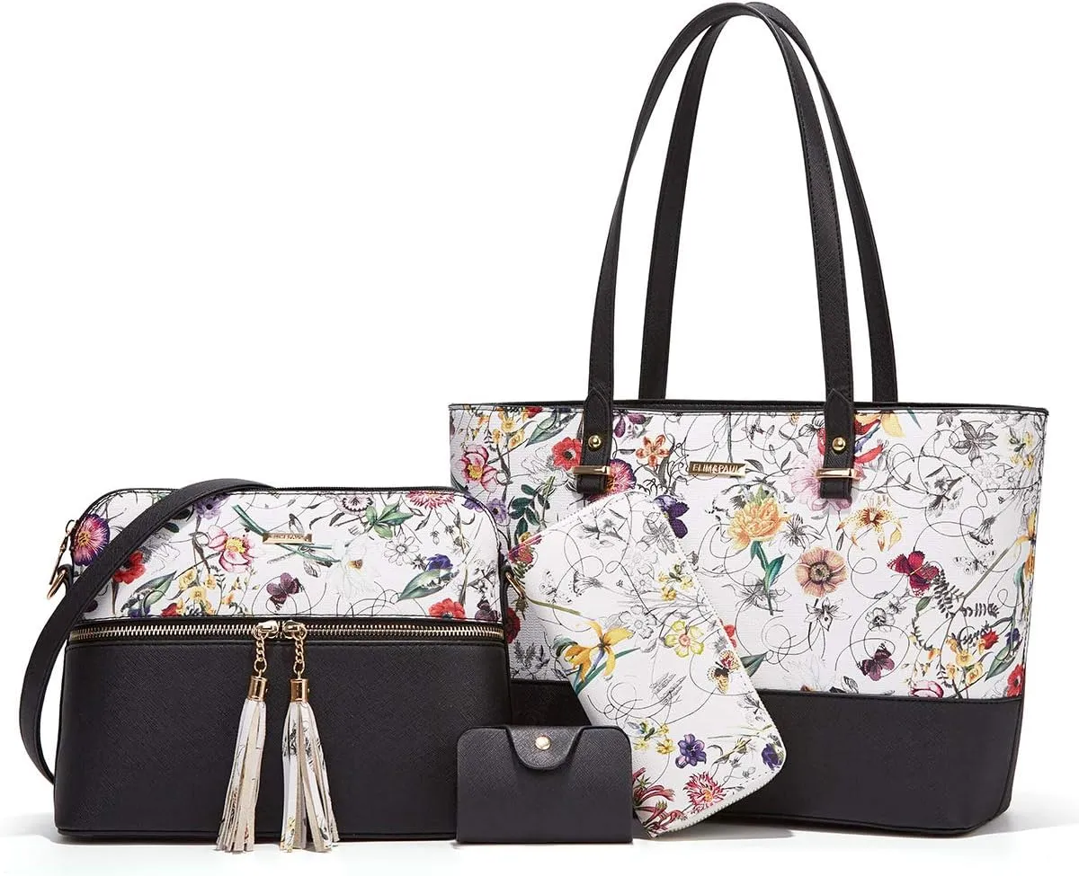 Women Fashion Synthetic Leather Handbags Tote Bag Shoulder Bag Top Handle Satchel Purse Set 4pcs