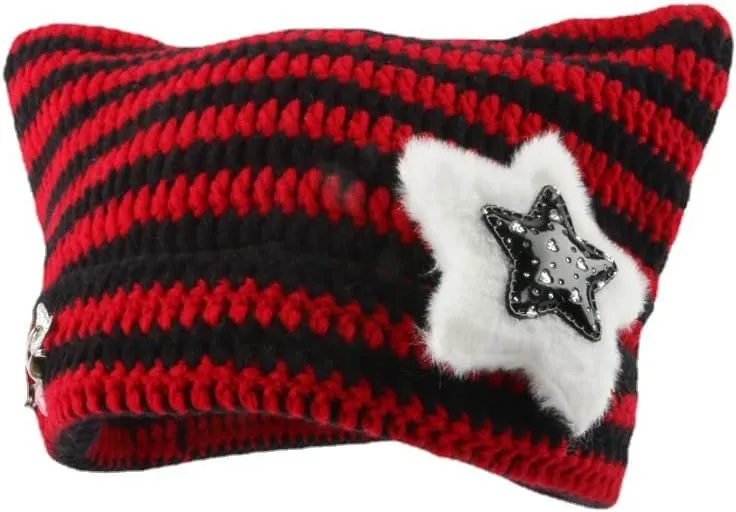 Women Girls Boys Teens Cute CAT Kitty Ears Hats, Winter Warm Knitted Stripe Grunge Accessories Slouchy Headgear