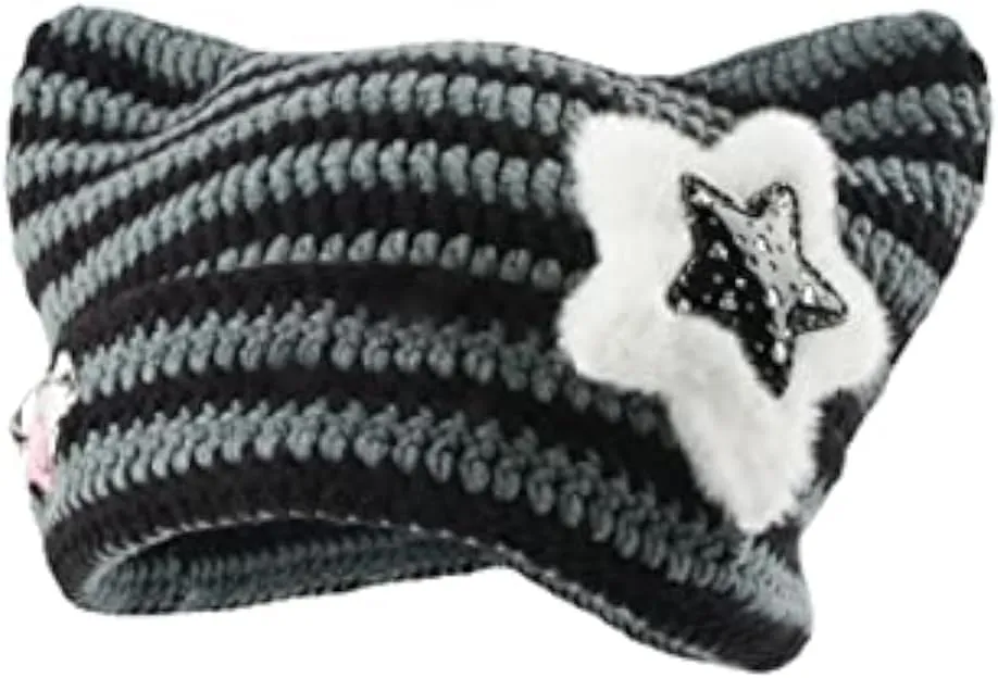 Women Girls Boys Teens Cute CAT Kitty Ears Hats, Winter Warm Knitted Stripe Grunge Accessories Slouchy Headgear
