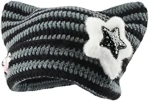 Women Girls Boys Teens Cute CAT Kitty Ears Hats, Winter Warm Knitted Stripe Grunge Accessories Slouchy Headgear
