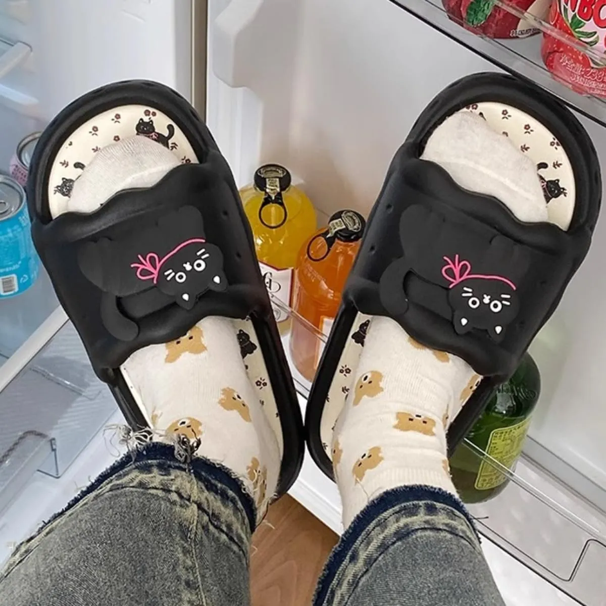 Women's Cat Sandals Korean Cute Thick Sole Non-Slip Soft Slides for Indoor Outdoor Bathroom House Slippers Summer