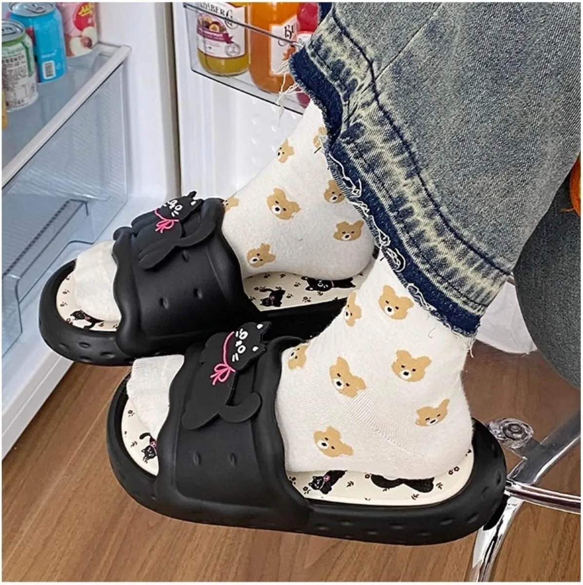 Women's Cat Sandals Korean Cute Thick Sole Non-Slip Soft Slides for Indoor Outdoor Bathroom House Slippers Summer