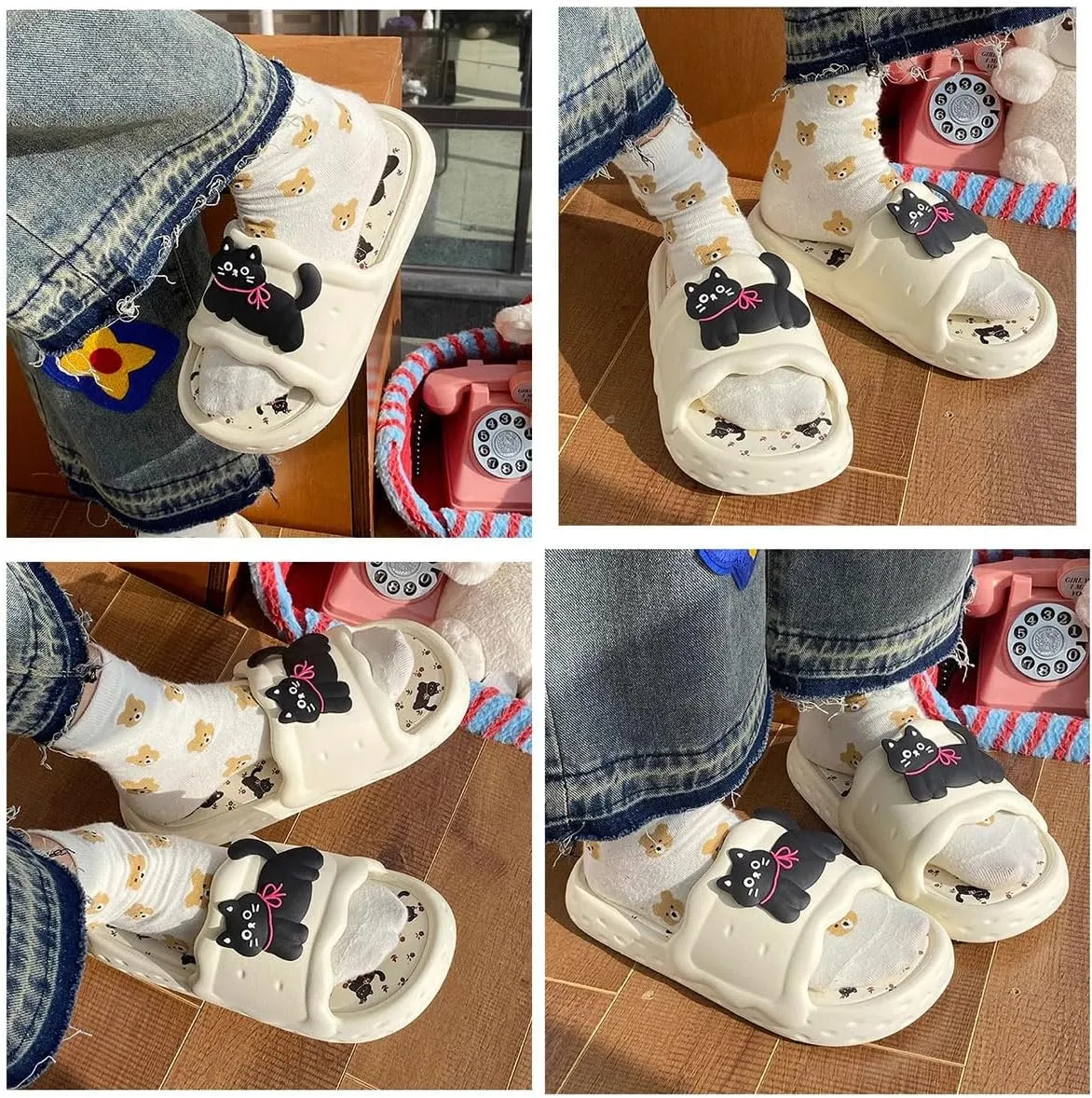 Women's Cat Sandals Korean Cute Thick Sole Non-Slip Soft Slides for Indoor Outdoor Bathroom House Slippers Summer