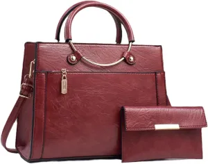 Women's Large Capacity Handbag Set, PU Leather, 11x28x22cm, Retro European Style, 2 Pieces