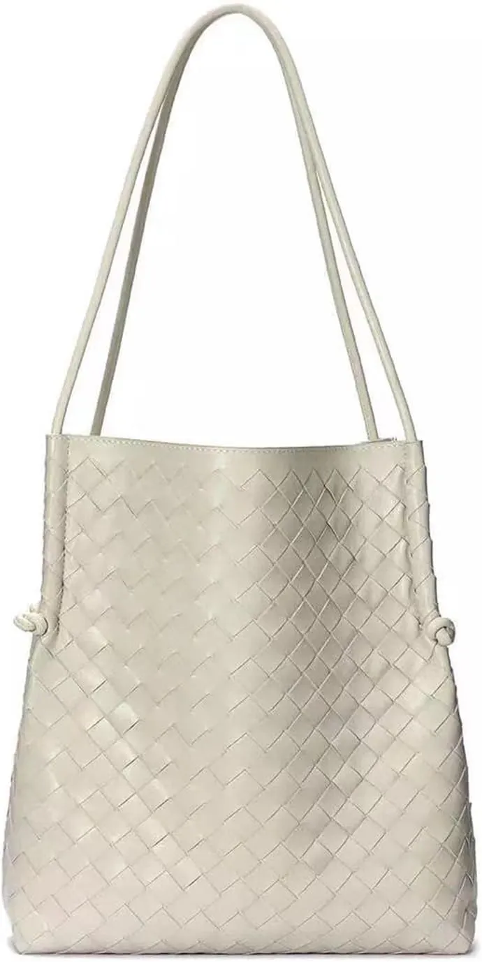 Woven Large Leather Shoulder Bag Large Capacity Tote Bag Genuine Leather Bucket Bag Armpit Bag(B)